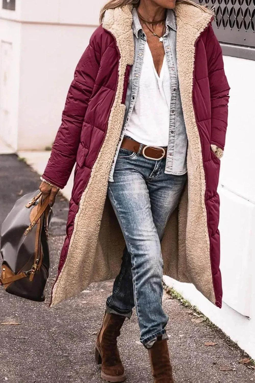 Abrigo invernal acolchado largo con capucha y forro de forro polar elegante para mujeres - EX-STOCK Canada