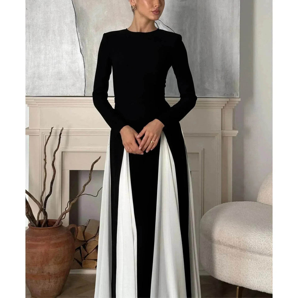 Luxury Classy Women's Black And White Stitching Long Sleeve Dress Long Skater Dress Flared Dress for Wedding Evening Party Cocktail Dress - EX-STOCK Canada