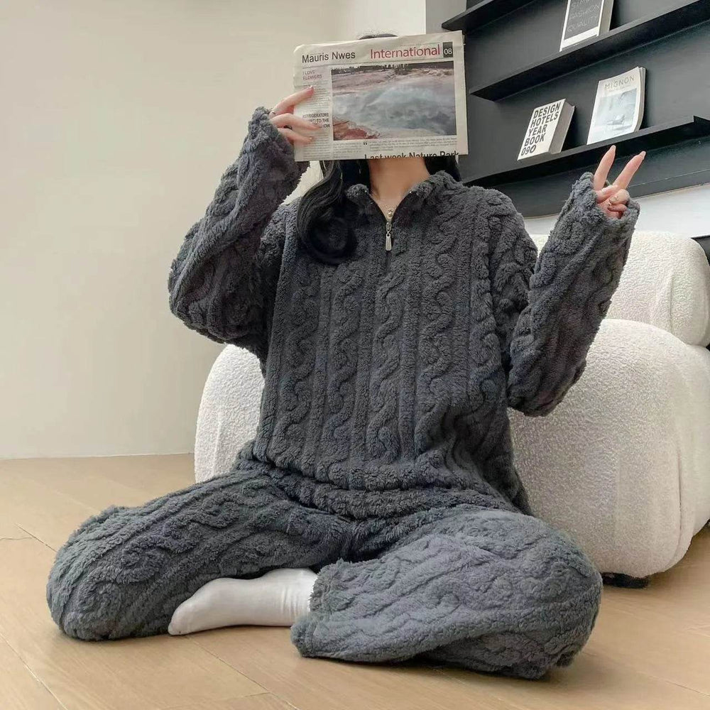 Autumn And Winter New Twist Zipper Couple Fleece-lined Thick Coral Fleece Pajamas Homewear Loungewear Sleepwear For Sleeping - EX-STOCK Canada