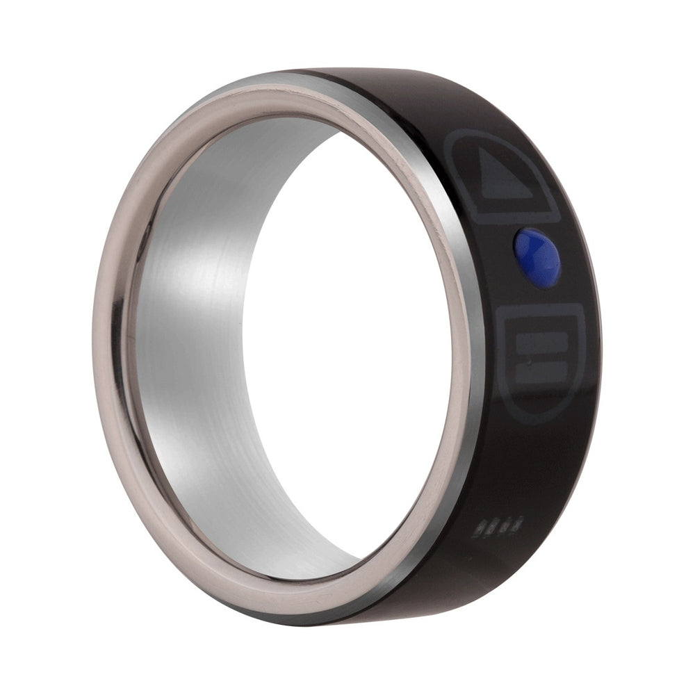 Smart ring with a black band and silver interior on a white background