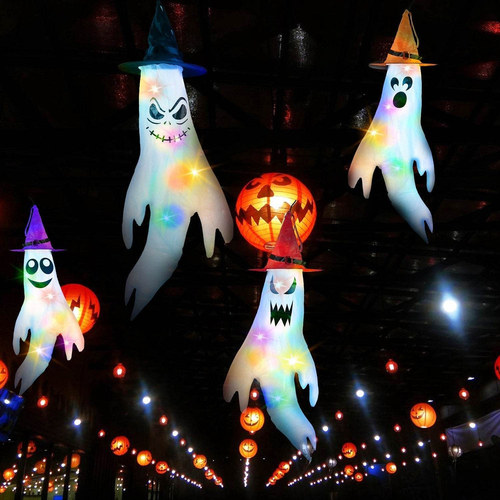 4Pcs Per Set Halloween Ghosts With Witch Hats Windsocks Hanging Decoration With Colorful LED Light Outdoor Flag Wind Socks Halloween Party Decoration For Yard Garden Tree - EX-STOCK Canada