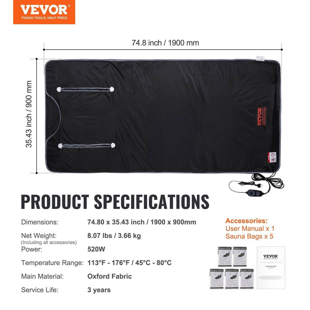 VEVOR Sauna Blanket For Detoxification, Portable Far Infrared Sauna For Home, Oxford Sauna Bag Warm Holes & Carbon Fiber Heating, 1-6 Level Adjustable Temp 95-176F, 5-60 Minutes Timer, 75 X 35 In EX-STOCK Canada