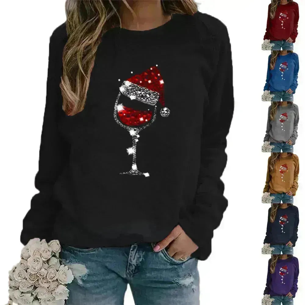 Vêtements Christmas Pull pour femmes chapeau de Noël Verre de vin rouge