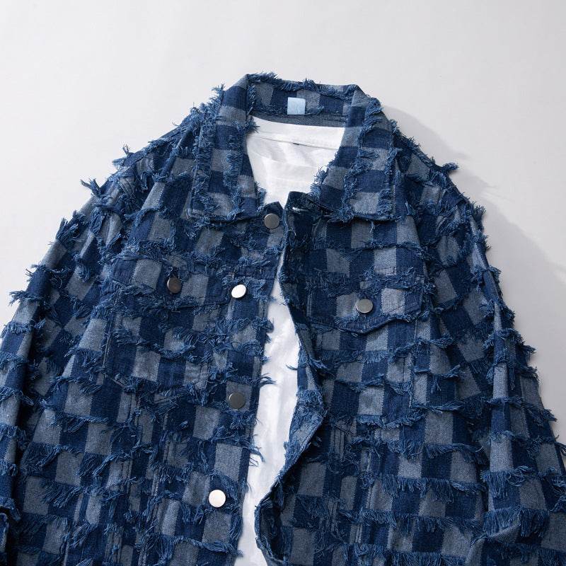 Luxury Hip pop Plaid Checkered Tassel fringe Oversized Denim Jacket for men - EX-STOCK Canada