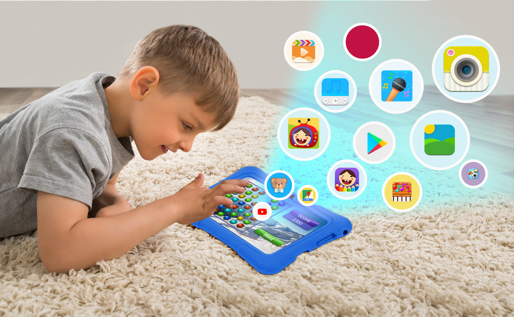 Child playing with a tablet on a carpeted floor with app icons displayed.