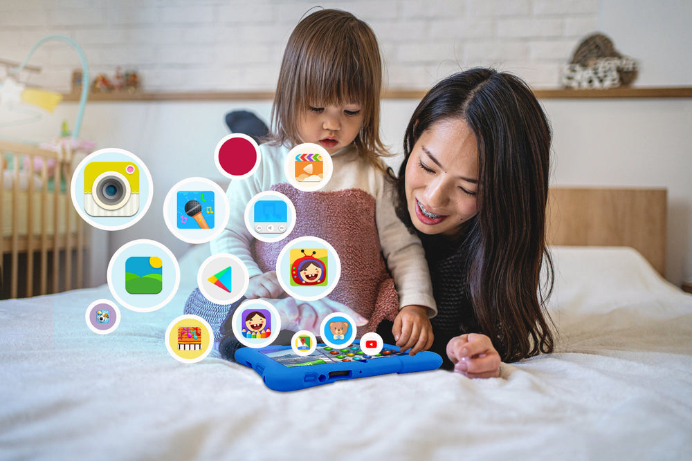 Woman and child playing with a tablet on a bed, surrounded by colorful app icons.