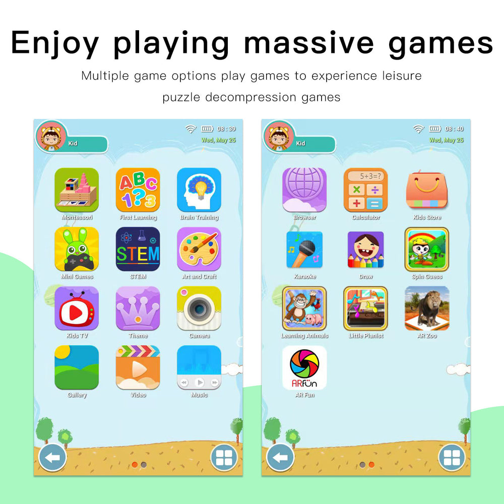 Two screens of a children's educational app with various colorful icons.