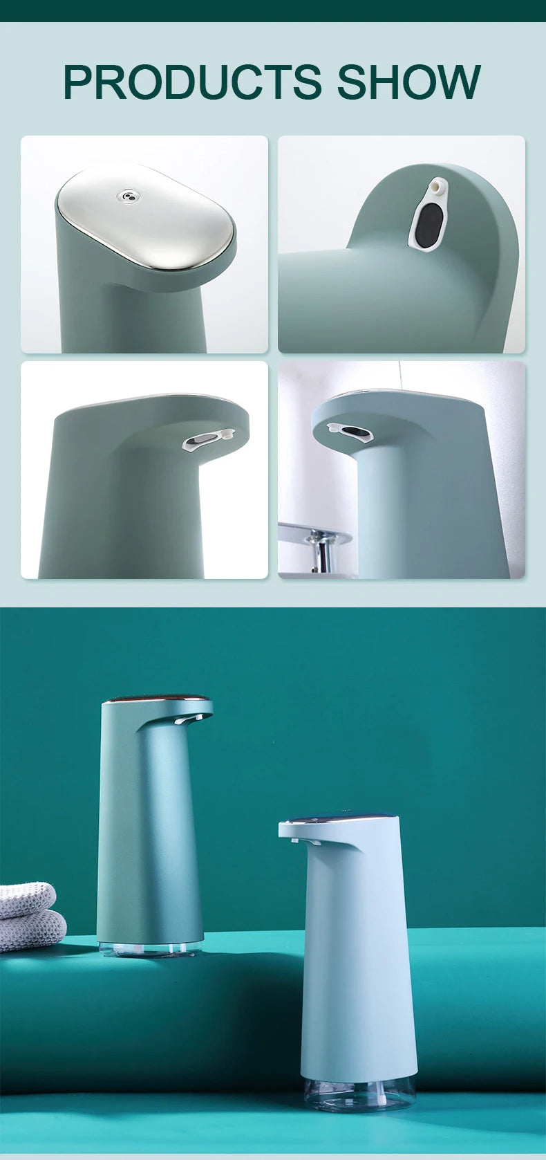 Bathroom faucet products displayed against a teal background