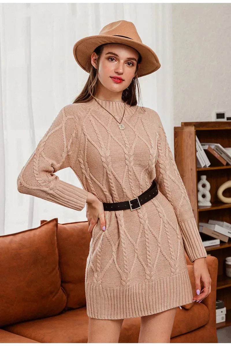 Autumn Winter Round Neck Mini Knitted Wool Sweater Dress - EX-STOCK Canada