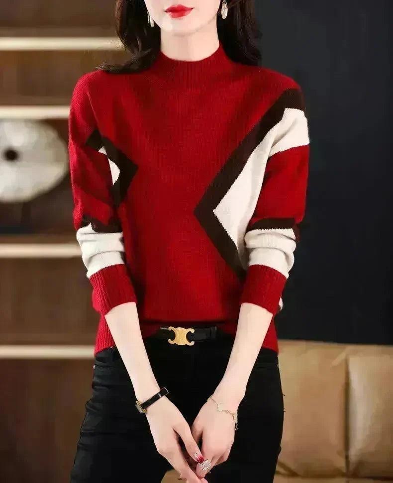 Women's Colour-Block Mock-Neck Sweater | Beige Camel, Green, Camel, Brown & Red | One Size