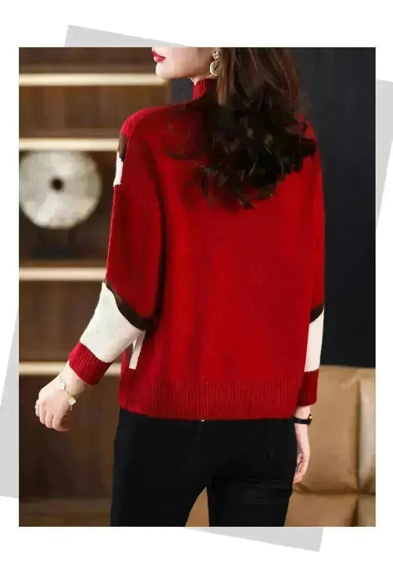 Women's Colour-Block Mock-Neck Sweater | Beige Camel, Green, Camel, Brown & Red | One Size