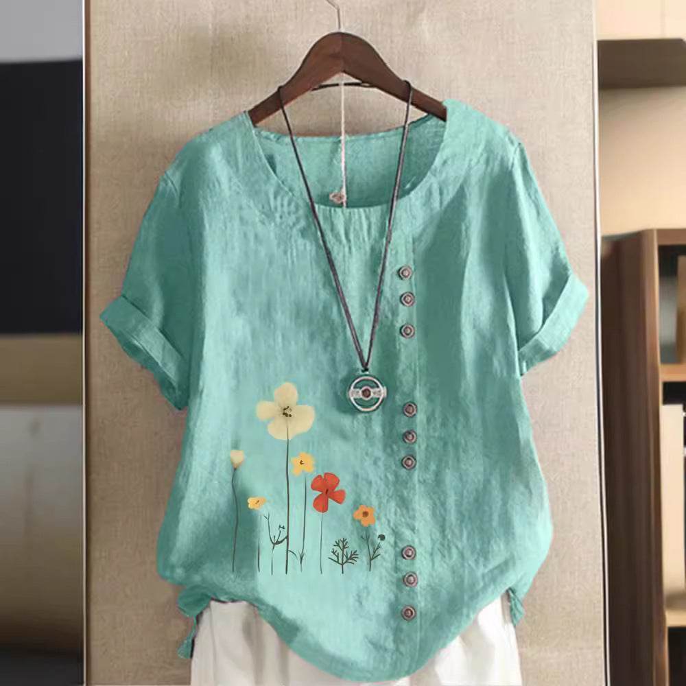Casual Summer Beach Cotton And Linen Printed Elegant Short Sleeve blouse Top Women - EX-STOCK Canada