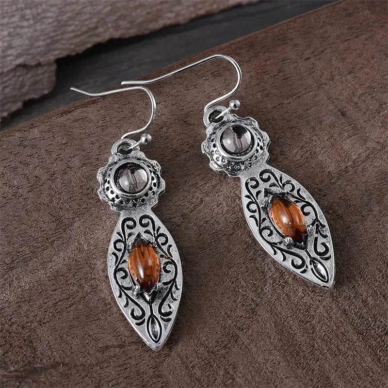 European And American New Retro Pattern Two-tone Gemstone Drop Earrings - EX-STOCK Canada