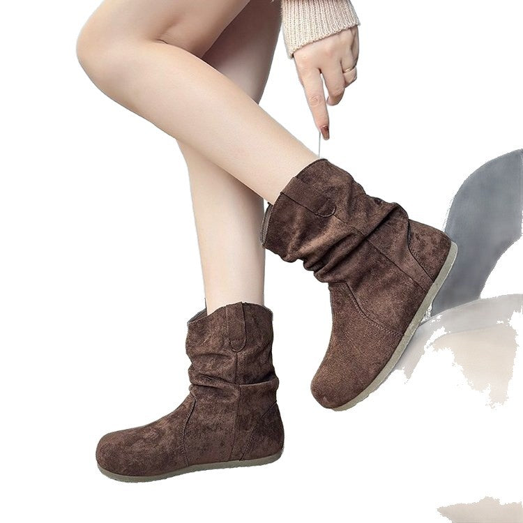 Women's Slouch Mid-Calf Suede Boots – Round Toe Flat Boot in Black, Brown & Camel 4