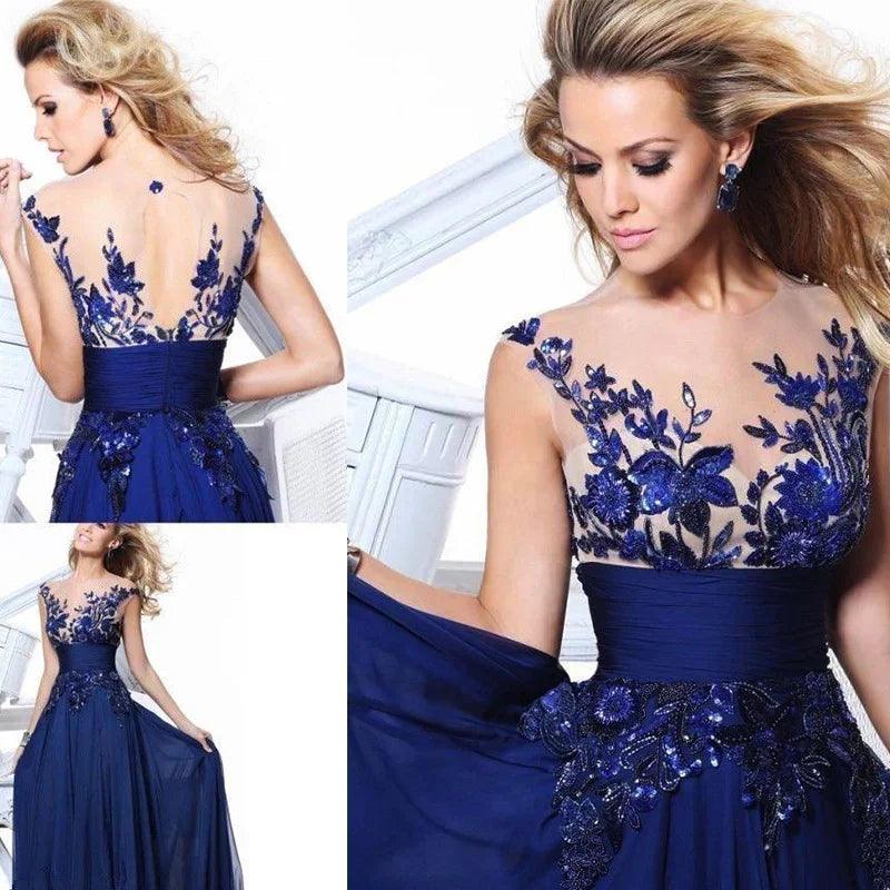 Blauer Spitzenblumen-Spiegel Rückfreies Hochzeitsbrautkleid Abendgesellschaft Bühnenmoderator KleidEX-STOCK Canada