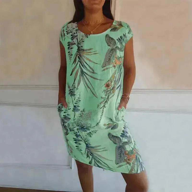 Casual Floral Printed Straight Dress Summer Loose Round Neck Short Sleeve Midi Dresses Womens Clothing - EX-STOCK Canada