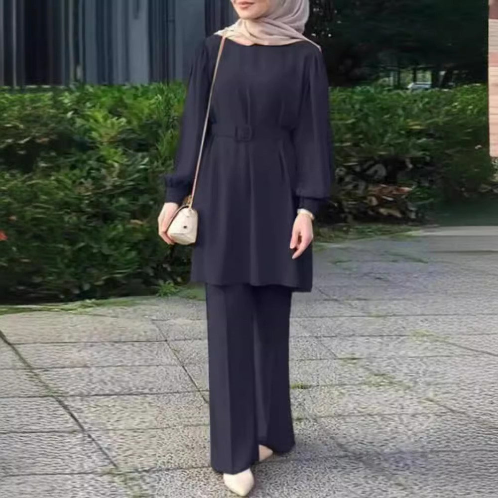 Ensemble haut et pantalon musulman du Moyen-Orient à manches longues, col rond, ceinture à taille élastique - EX-STOCK Canada