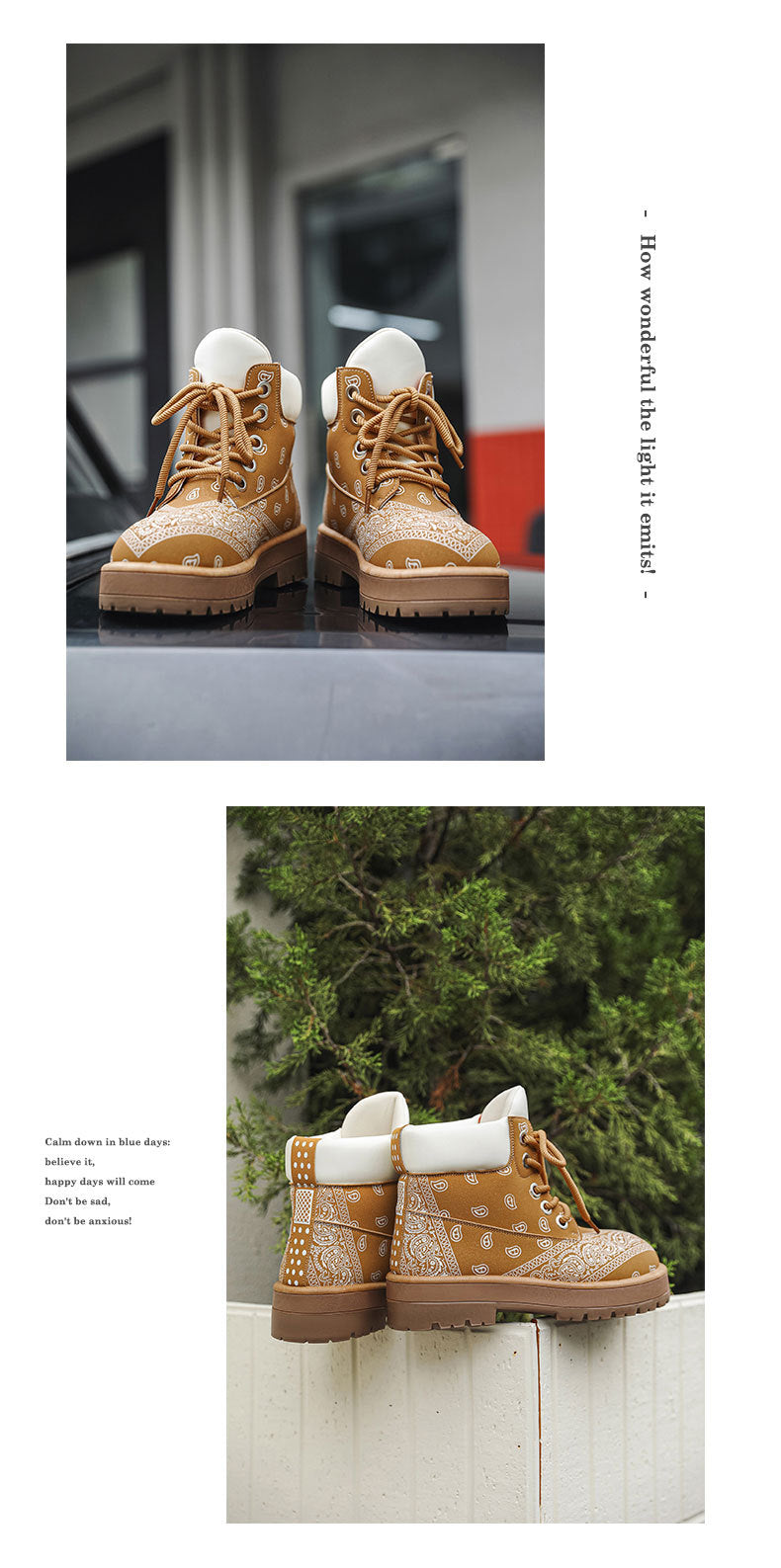 A pair of tan and brown patterned ankle boots with white faux-fur trim, shown in two lifestyle settings: on a dark surface in an urban setting and on a white fence with green foliage in the background.