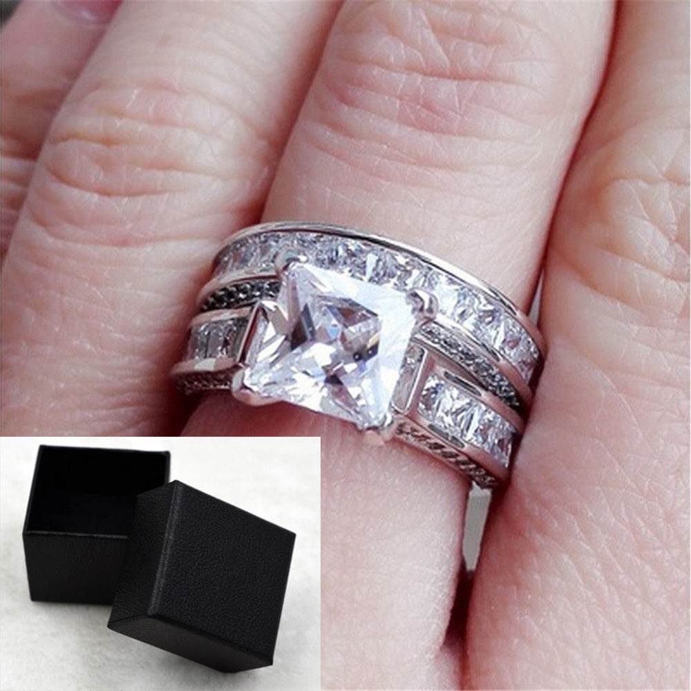 New Style Charm Couple Rings His Her Silver Color Princess Cut CZ Anniversary Promise Wedding Engagement Ring Sets - EX-STOCK Canada