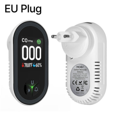 CO detector with digital display and EU plug adapter on a white background