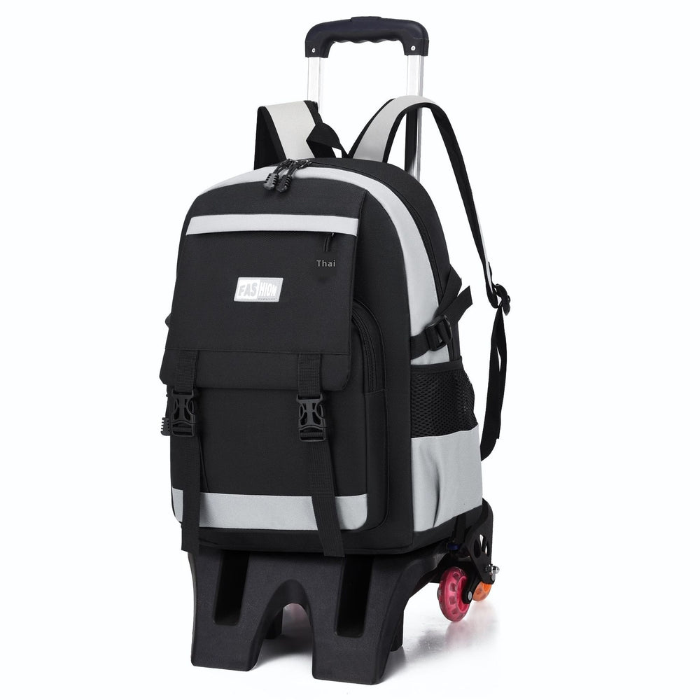 Black and gray backpack with wheels on a white background