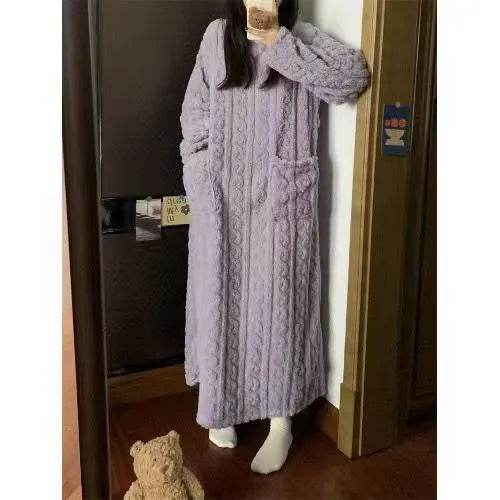 Winter Coral Fleece Sleepwear Women's Nightgown Long Night Dress Pajamas With Pockets Thickened Jacquard Dress Warm Home Clothes - EX-STOCK Canada