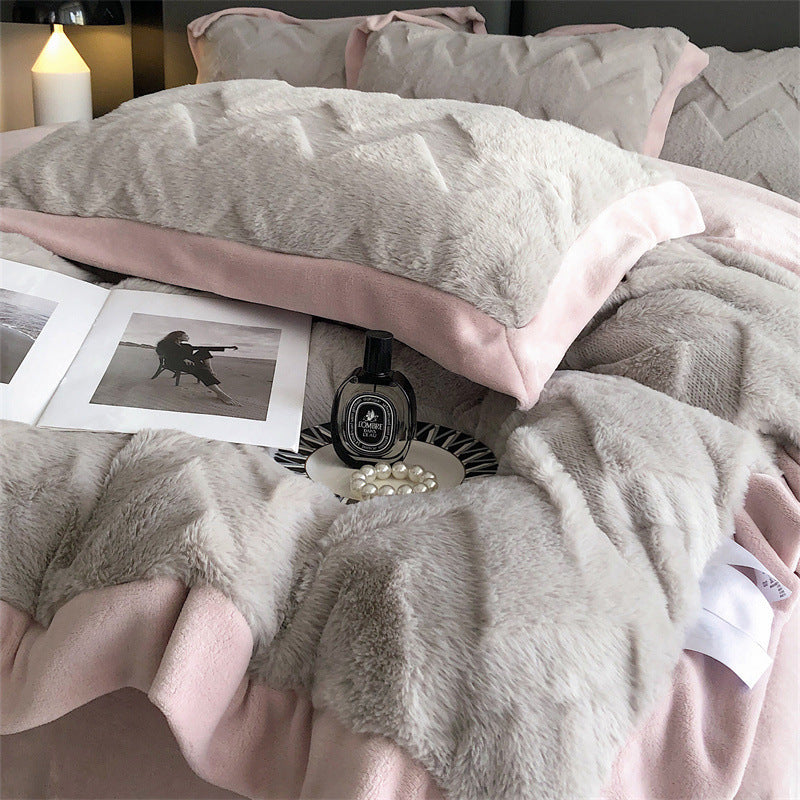 A Four Piece Set Of Rabbit Hair And Milk Velvet Duvet Cover On A Baby Plush Bed EX-STOCK Canada