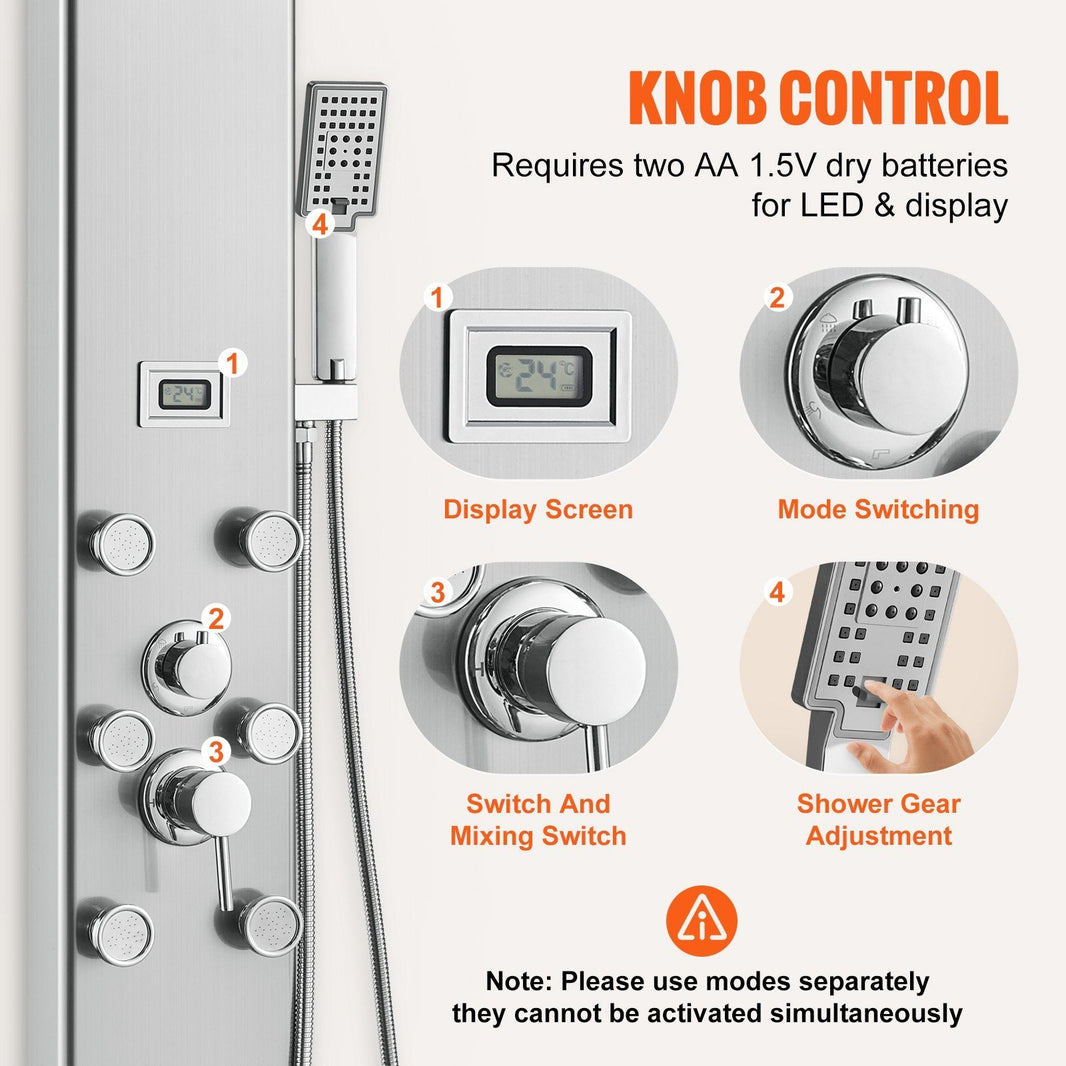 Shower Panel System, 5 Shower Modes, Digital Display Shower Panel Tower, Rainfall, 8 Massage Jets, Tub Spout, 3-Setting Handheld Shower Head 59 Hose, Stainless Steel Wall-Mounted Shower Set EX-STOCK