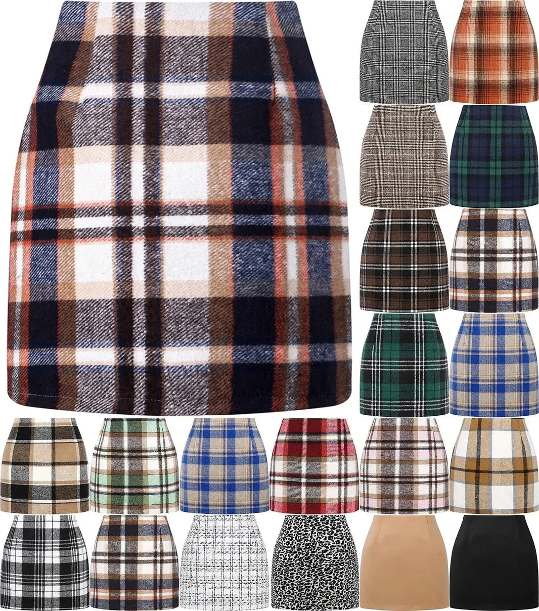 Women's High Waist Plaid Tight Pencil Wool Mini Skirt - EX-STOCK CANADA