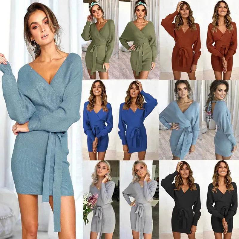 Autumn Winter Slim Fit V-neck Mini Wrap Sweater Dress - EX-STOCK Canada