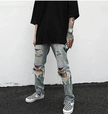 Destroyed ripped Denim jeans Pant men straight leg men
