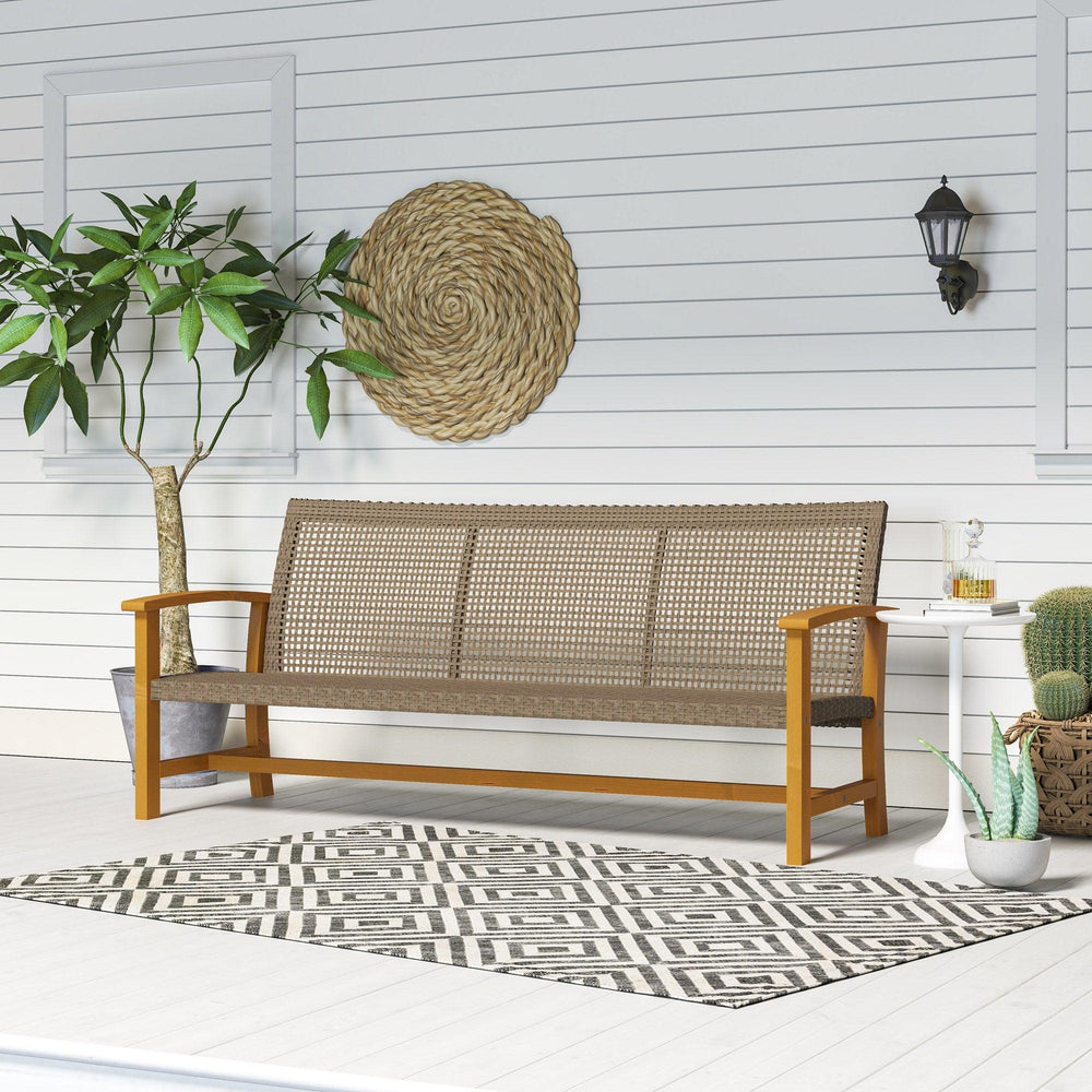 3-Seat Wicker Outdoor Couch Patio Sofa, Acacia Wood Patio Furniture With Steel Seat Armrests, Capacity, Teak EX-STOCK Canada