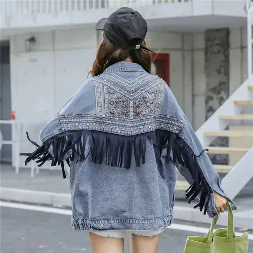 Elegant women Oversized Embroidered Tassel Fringe Denim Jacket - EX-STOCK CANADA