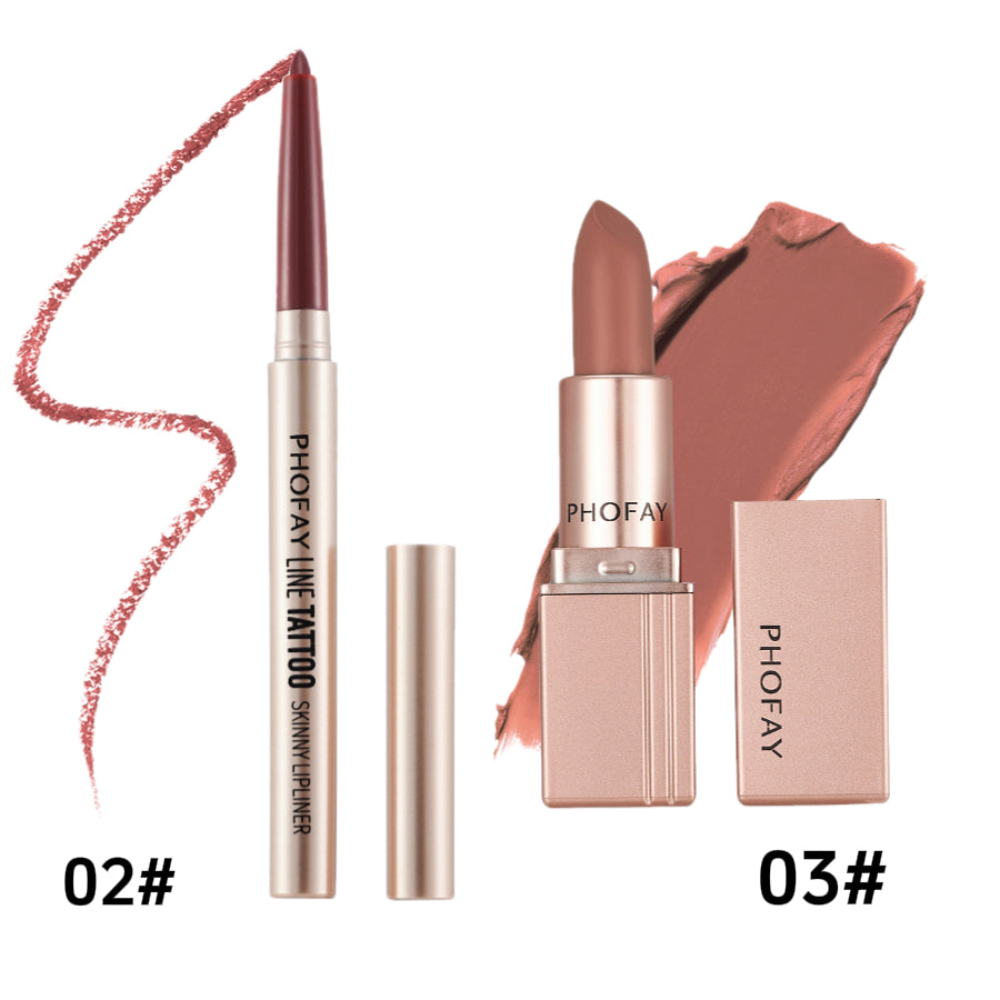 PHOFAY lip products including a lip liner, lipstick, and case on a white background.