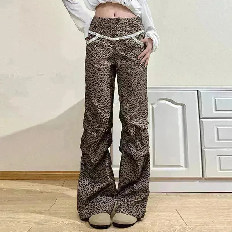 Pantalon décontracté à imprimé léopard tissé mince pour femmes