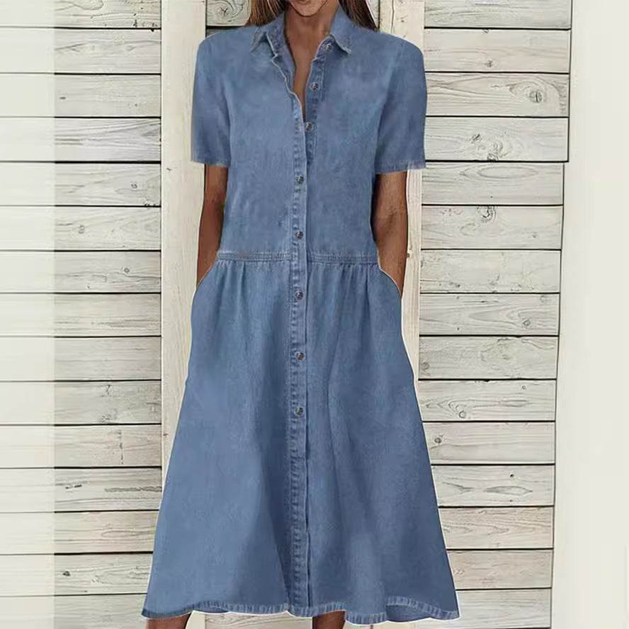 Women's European And American Lapel Casual loose button down Midi Denim jeans Mum Dress - EX-STOCK Canada