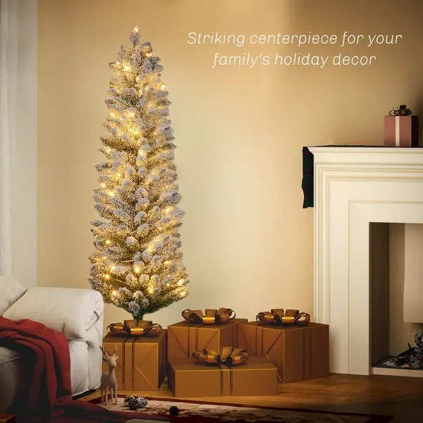 5ft Artificial Prelit Christmas Tree With Warm White LED Light, Snow Flocked Branches, Metal Base, Pencil Xmas Tree EX-STOCK Canada