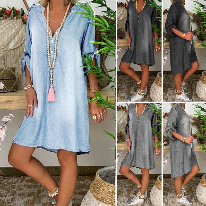 Casual Half Button Mid-sleeve loose Washed denim dress - EX-STOCK Canada