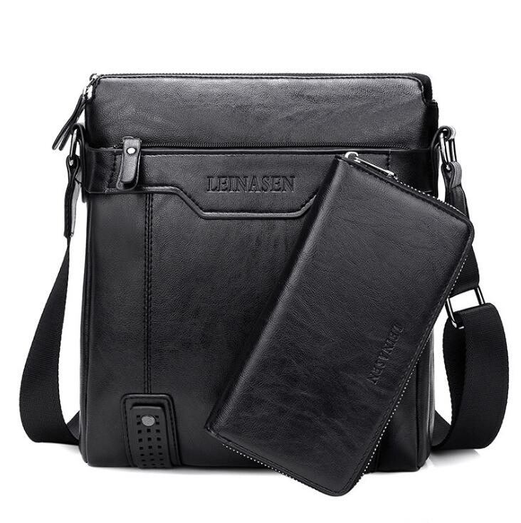 Black leather crossbody bag with a wallet attached, featuring the brand 'LEINASEN'.
