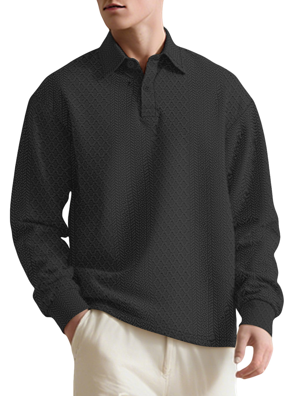 Texture Jacquard Solid Color Men's Long-sleeved Polo Shirt Lapel Loose Sweater EX-STOCK Canada
