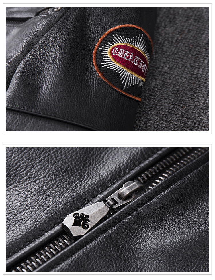 Men's Embroidered Genuine Leather Motorcycle Jacket – Stand Collar Biker Coat | S–4XL 3