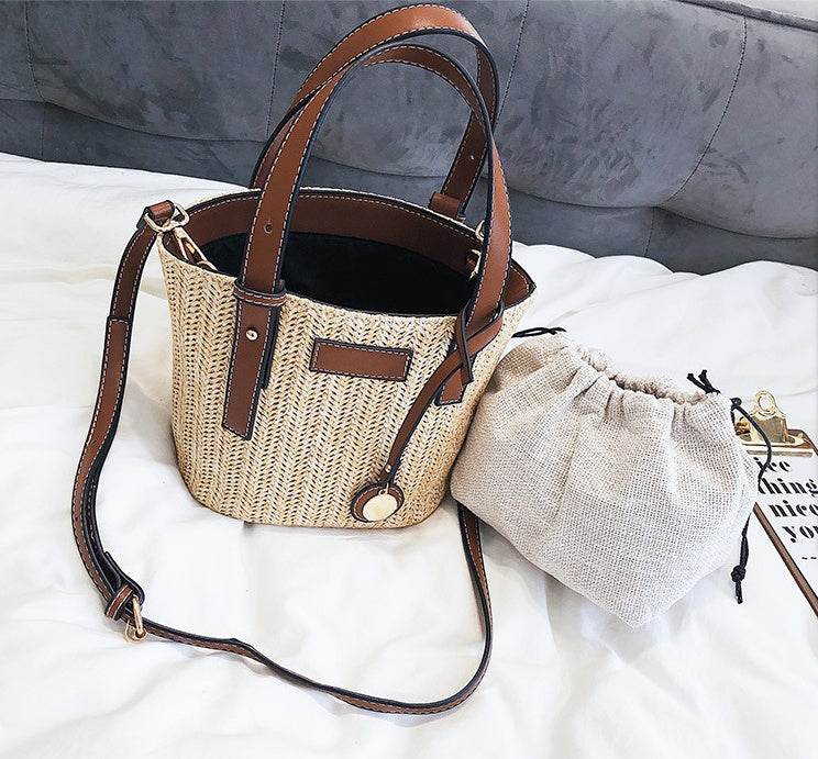 new summer women's bag hand-woven contrast color bucket straw bag cylinder handbag diagonal shoulder beach bag EX-STOCK Canada