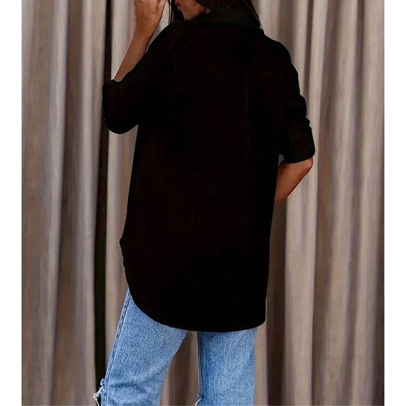 Women's Casual Long Sleeve Button-Down Shirt With Roll-Up Sleeves, Stylish Mid-Length Blouse For Everyday Wear - EX-STOCK Canada