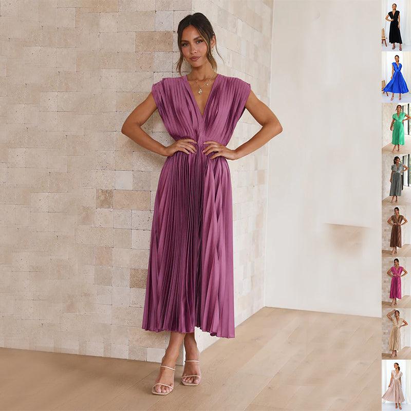Robe d'été plissée à col en V Mode INS Décontractée Ample Robe sans manches avec fermeture éclair pour femmes Vêtements