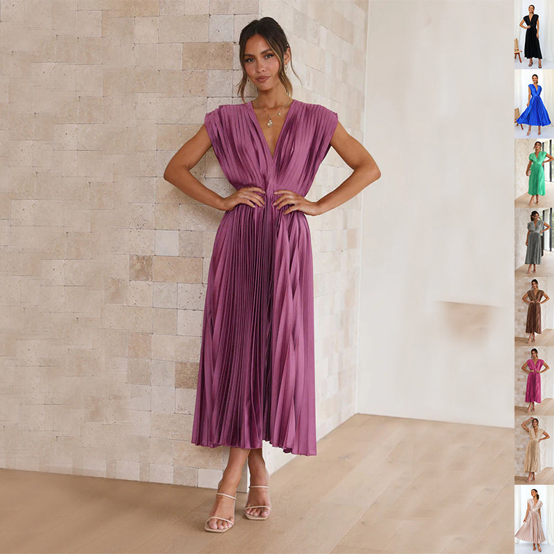 Sommer V-Ausschnitt Faltenkleid INS Mode Lässig Locker Reißverschluss Ärmelloses Kleid für Damen Kleidung