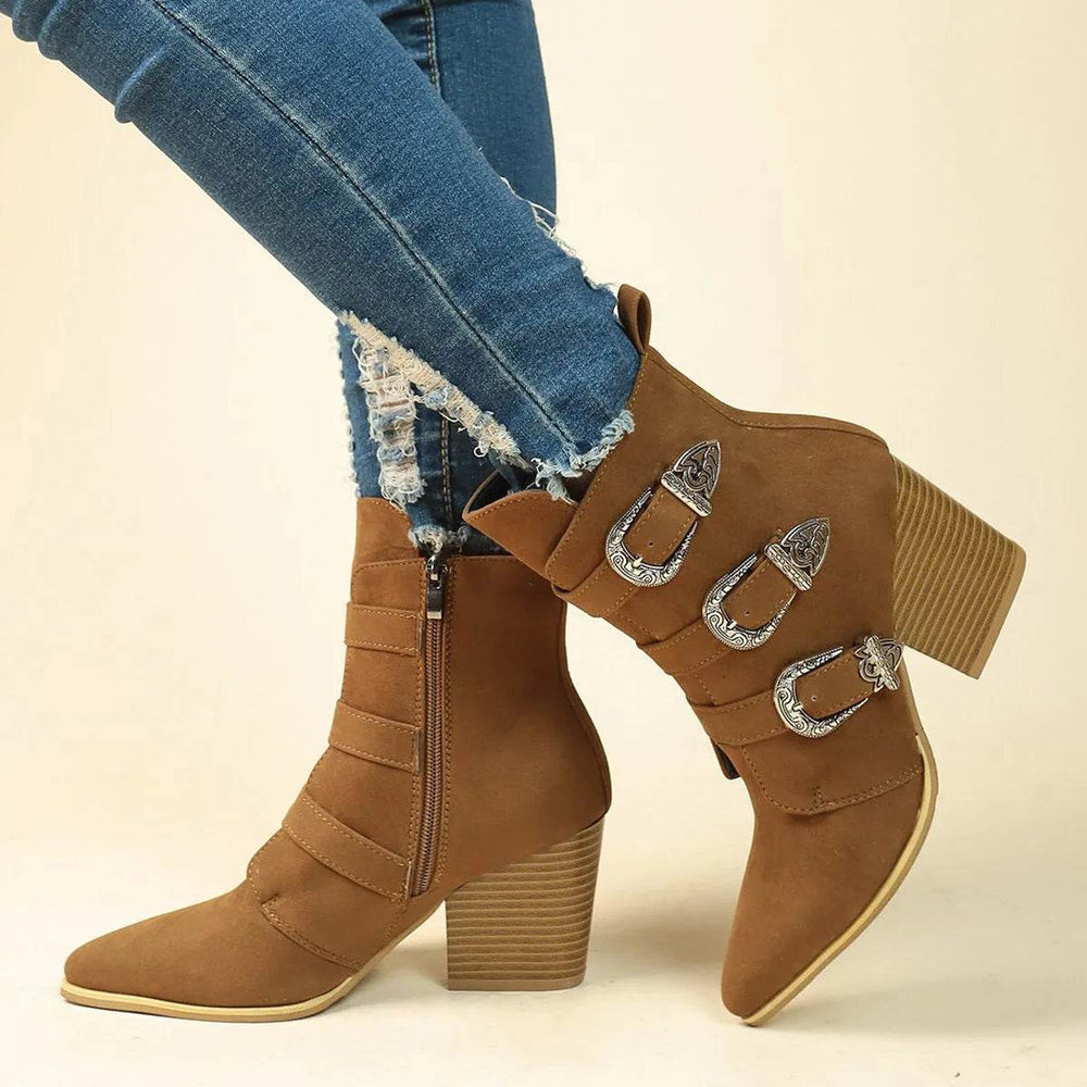 Chunky Heel Pointed Toe Boots With Belt Buckle Design Retro Mid-calf Boot Fashion Fall Winter Shoes For Women - EX-STOCK Canada