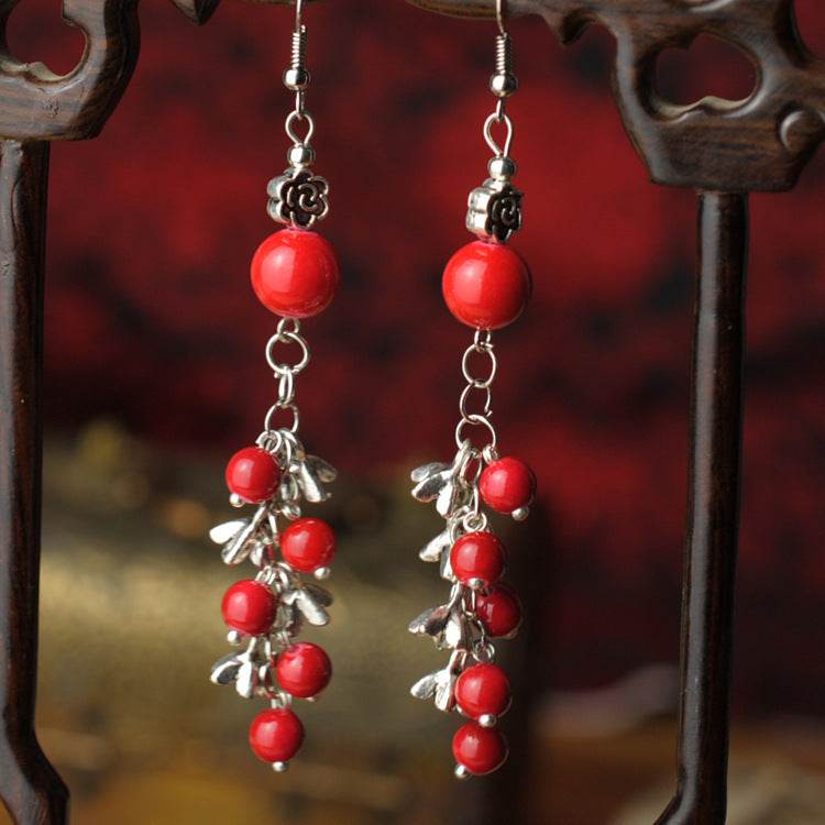 Ethnic Style Jewelry Red Pearl Seedling Silver Beaded Earrings - EX-STOCK Canada