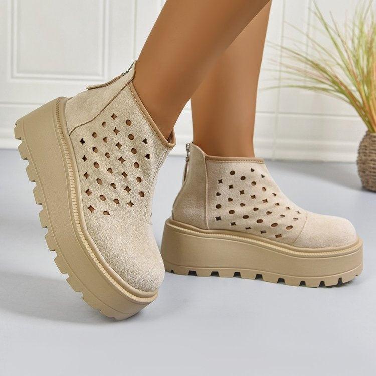 Damen Perforierte Plateau-Stiefeletten, Rückseiten-Reißverschluss Atmungsaktive Keilabsatz-Booties, Lässige Stiefel mit klobiger Sohle und Ausschnitten