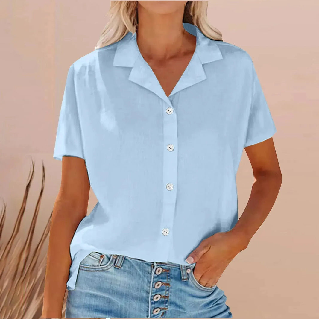 Spring Summer Lapel Cotton And Linen Casual short sleeve Shirt For Women - EX-STOCK CANADA