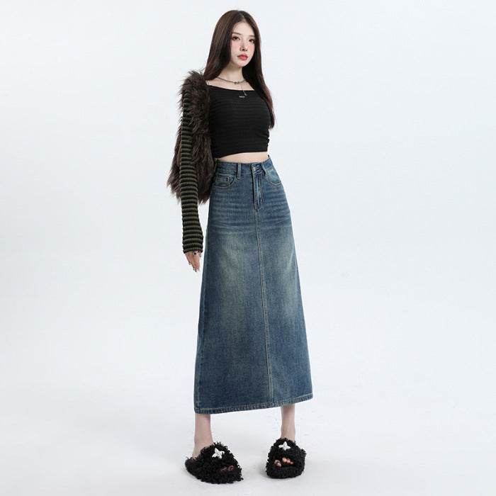 High Waisted Denim Skirt Design Pocket back Slit Retro Hip-wrapped Midi Skirt - EX-STOCK Canada